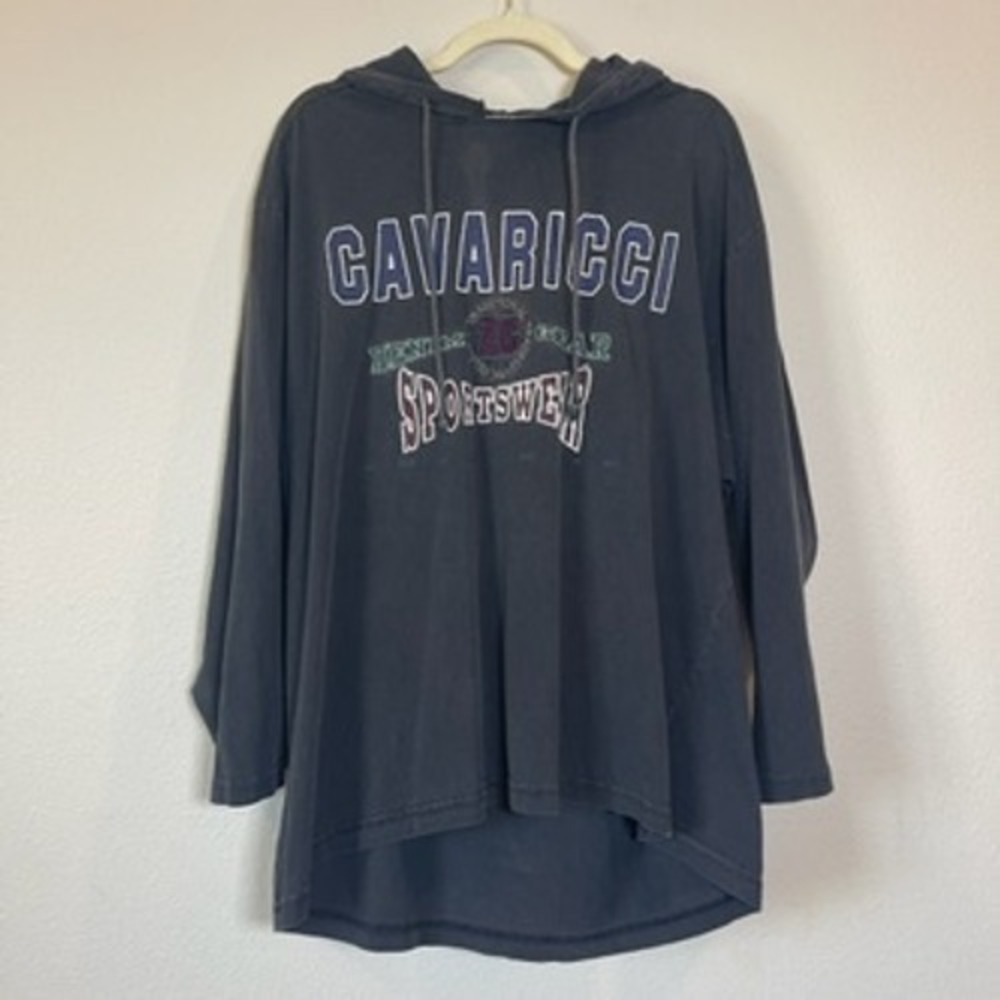 Vintage Z Cavaricci 90's Hooded Graphic Tee Mens Medium Black Long Sleeve Y2K - Picture 1 of 7